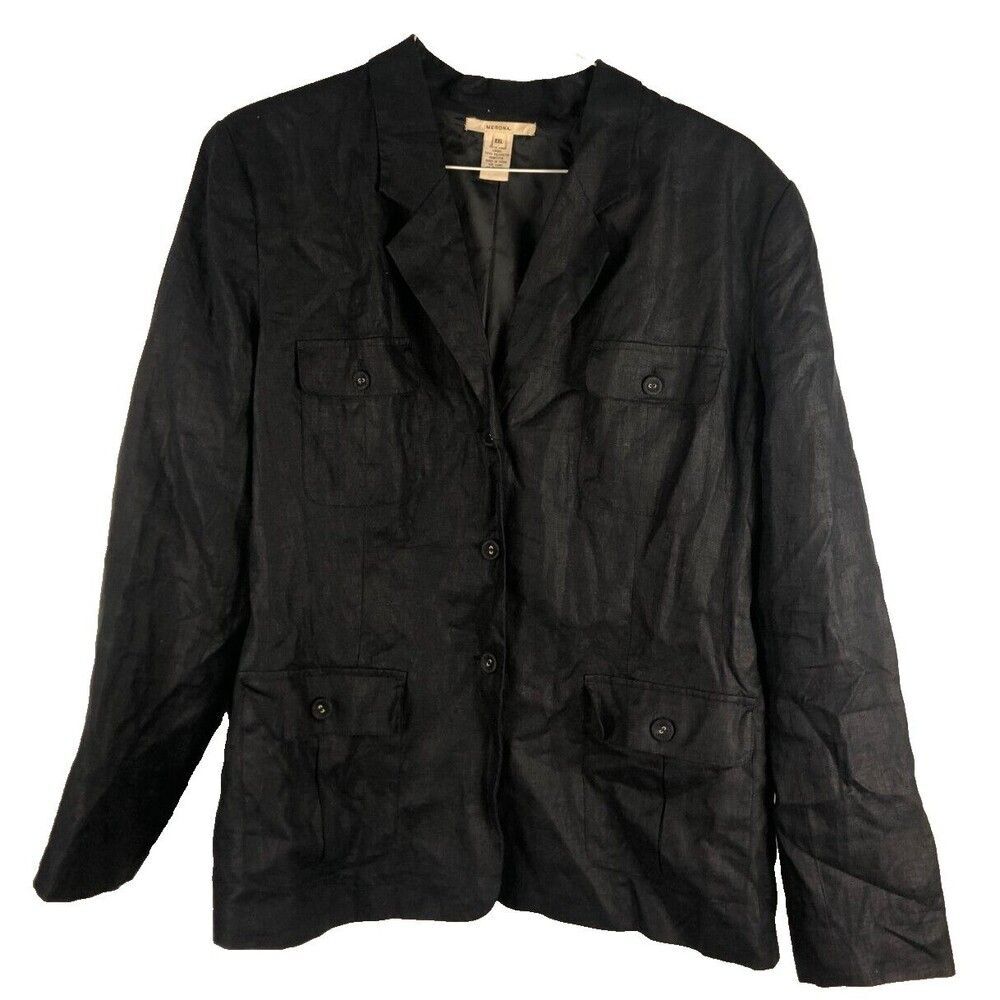 Merona 100% Linen Black Lined Pockets Front Buttons Blazer XXL Lagenlook Minimal